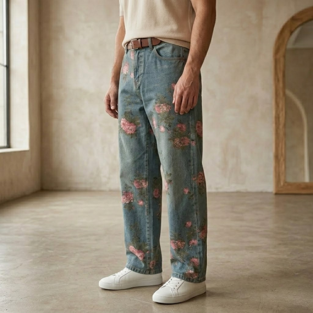 Unisex floral rose print wide-leg denim jeans for men, featuring colorful rose patterns and a relaxed fit.