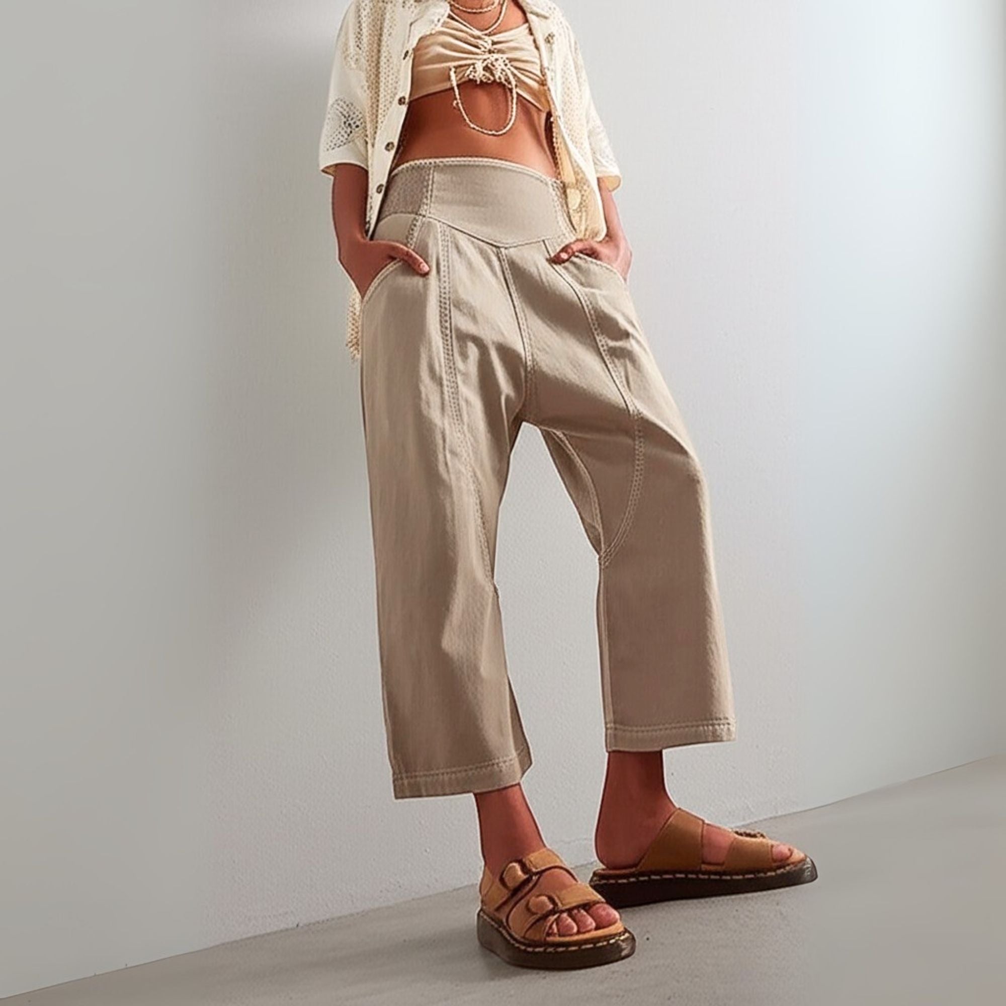 Wide-leg denim trousers for women featuring a harem-cut design, loose pull-on style, casual and comfortable pants.
