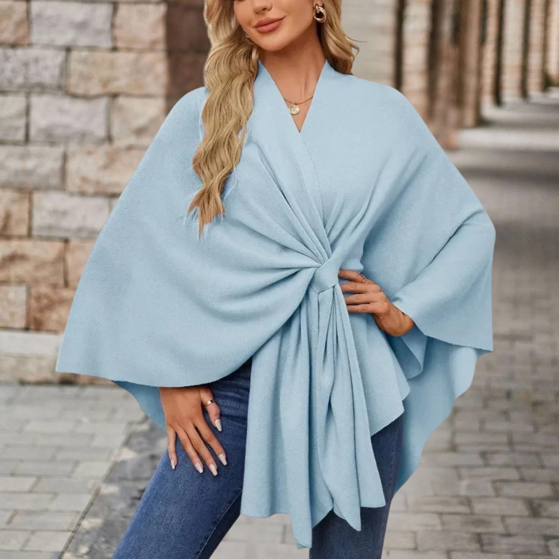 Poncho Sweater Women Draped Knot Detail Relaxed