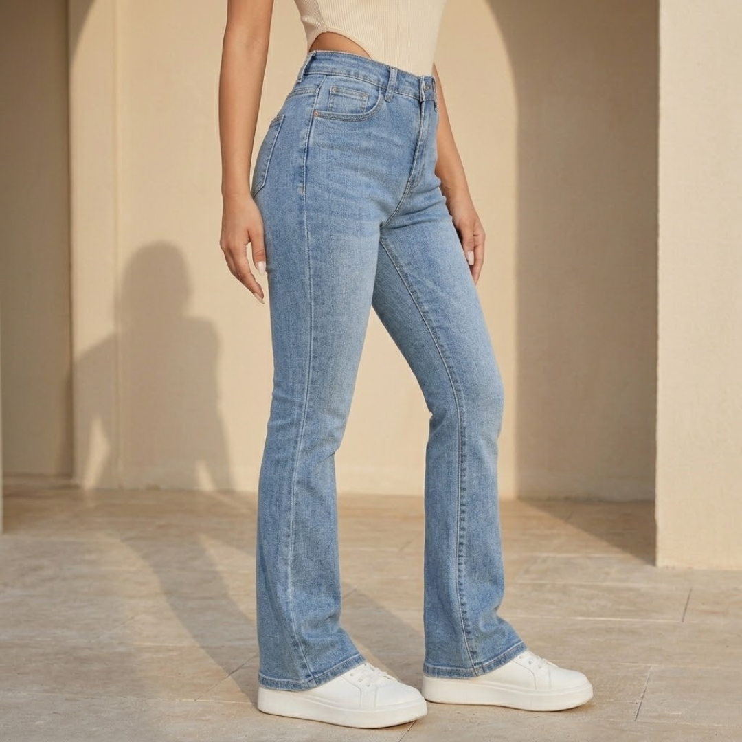 Women's high waist slim fit bootcut jeans made of cotton denim, showcasing the stylish and comfortable pants.