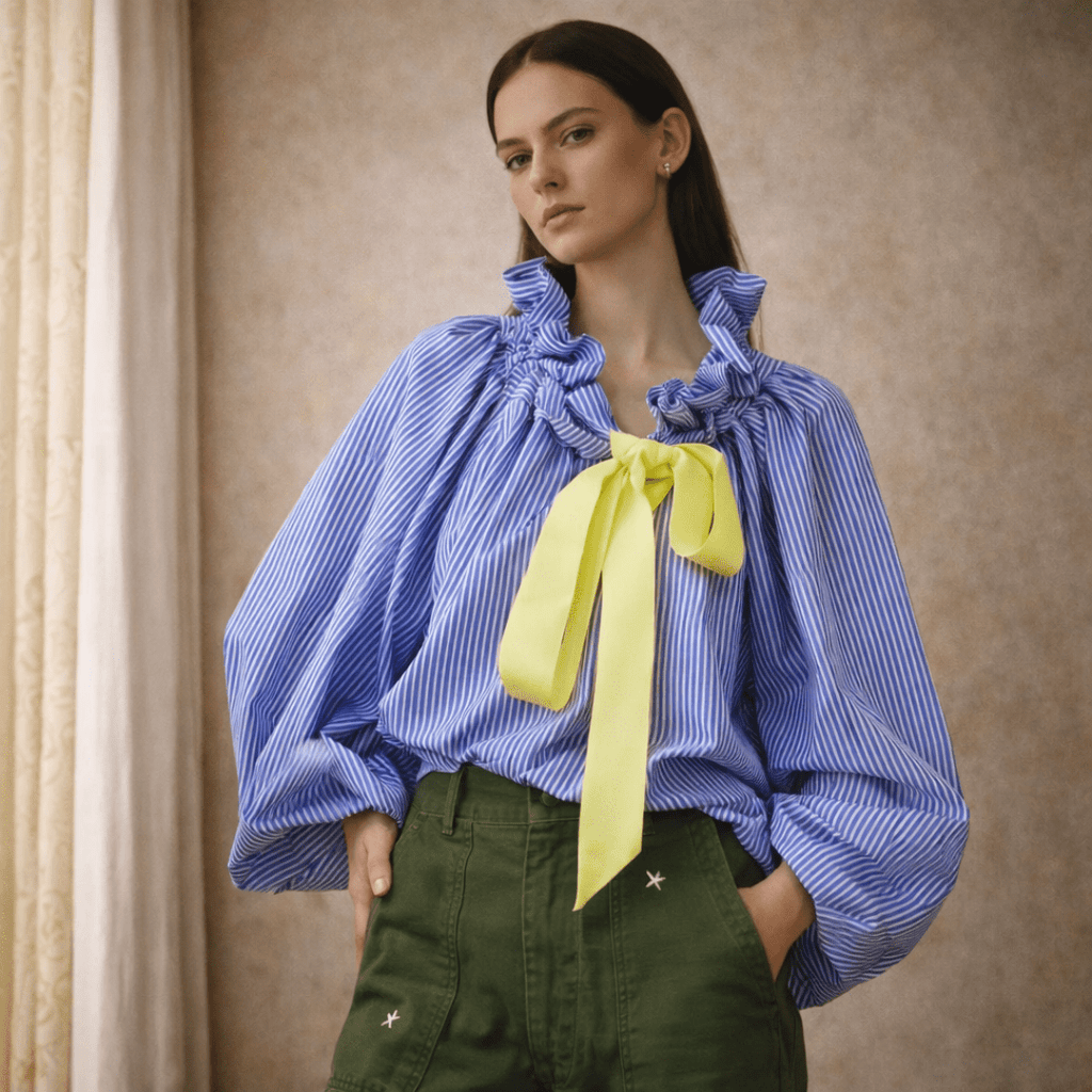 Gingham ruffle oversized long-sleeve blouse for women by Tammy Bradley, featuring a stylish pattern and ruffled details.