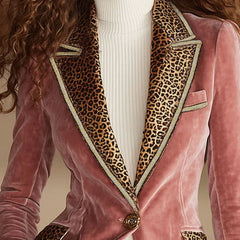 Pink velvet leopard print blazer with one button, stylish jacket from My Store, featuring a tailored fit and bold animal print pattern.