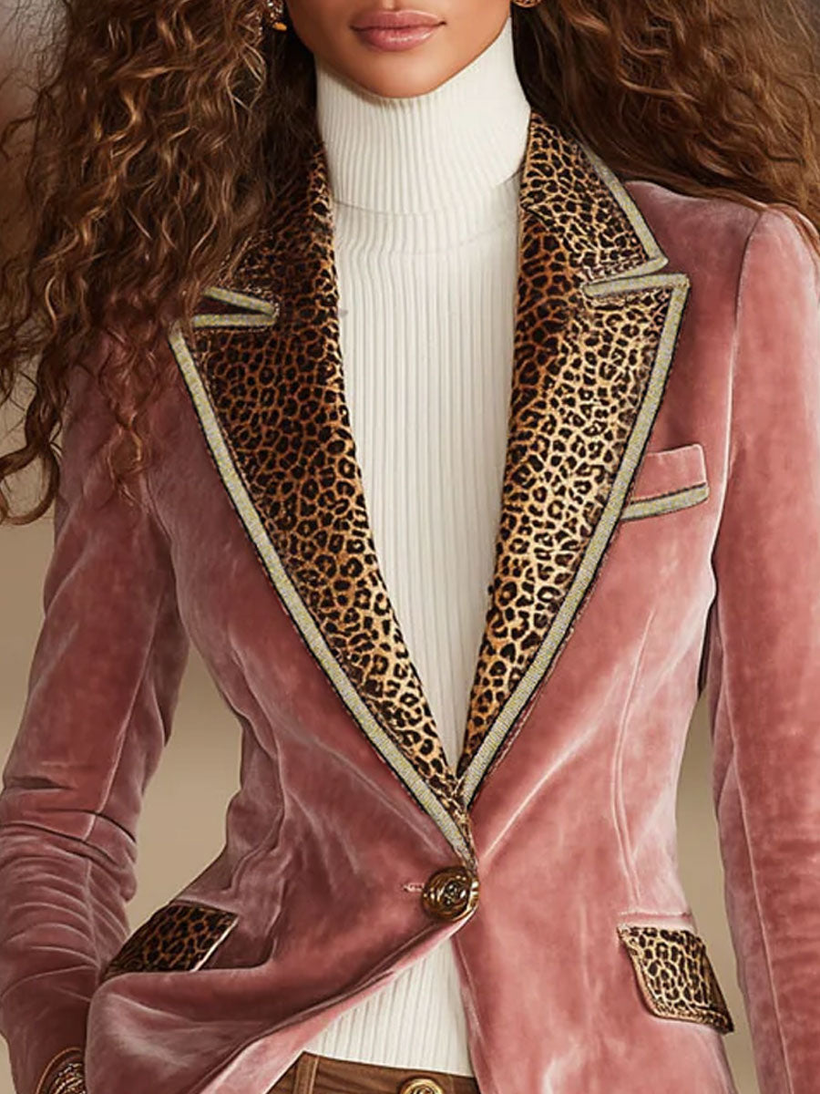 Pink velvet leopard print blazer with one button, stylish jacket from My Store, featuring a tailored fit and bold animal print pattern.