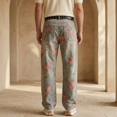 Men's floral baggy wide-leg denim jeans in pink, stylish and comfortable pants from My Store featuring floral patterns.