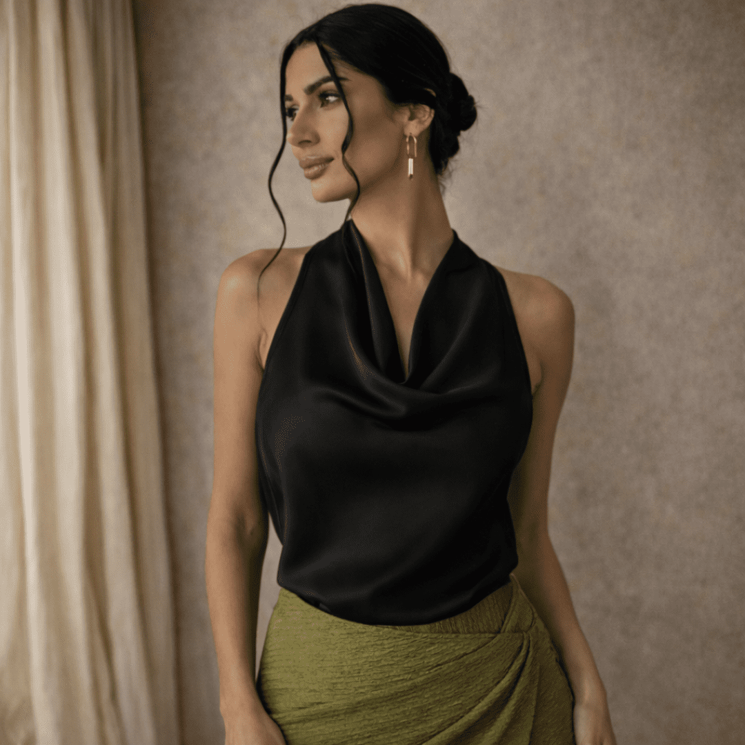 Cream satin cowl-neck sleeveless top for women by Tammy Bradley, featuring a smooth satin fabric and elegant draped neckline.