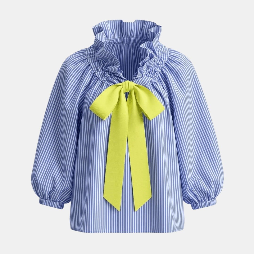 Women’s Tammy Bradley gingham ruffle oversized long-sleeve blouse, shown in a casual, stylish fit with ruffled details on long sleeves and collar.