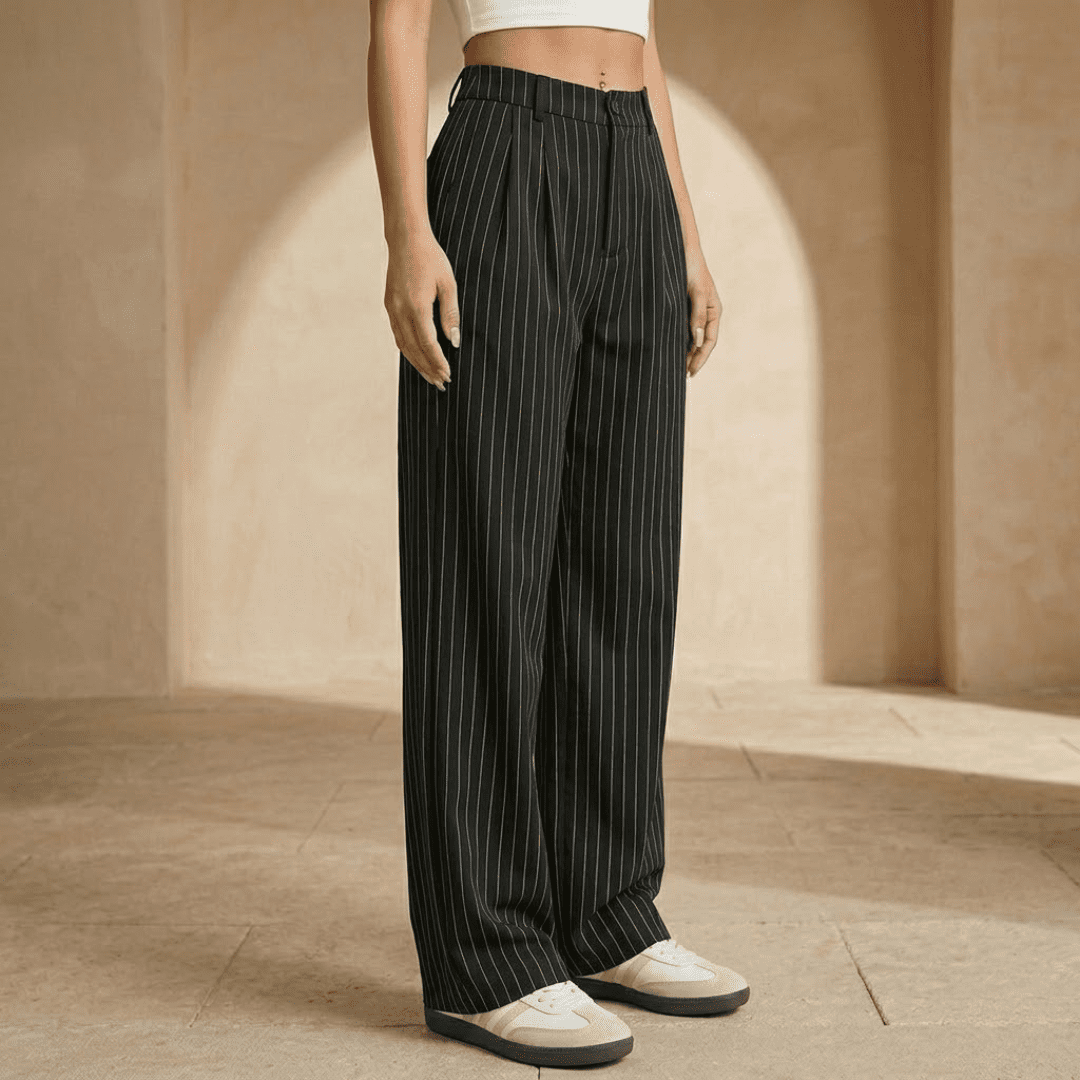Tammy Bradley pinstripe high-waisted wide-leg women’s trousers, stylish formal pants with tailored fit and classic pinstripe pattern.