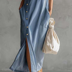 Blue denim V-neck midi dress from My Store featuring a casual style, fitted waist, and knee-length hem.