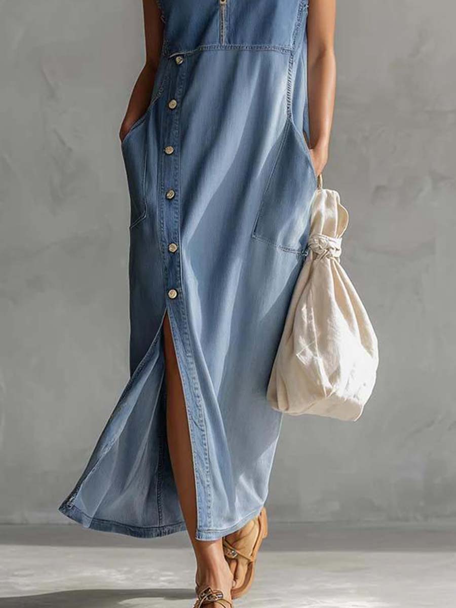 Blue denim V-neck midi dress from My Store featuring a casual style, fitted waist, and knee-length hem.