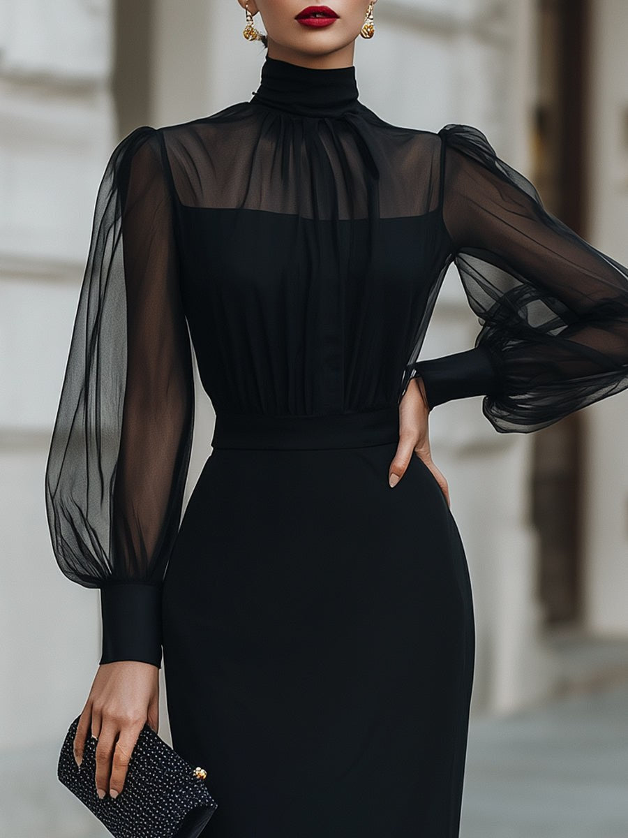 Elegant high-neck sheer-sleeve pencil midi cocktail dress for women by Tammy Bradley, showcasing a fitted silhouette and stylish design.
