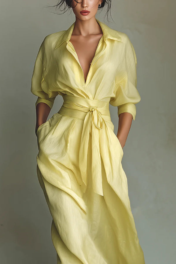 Solid color lapel long sleeve casual maxi dress with pockets and waist-cinching design, perfect for everyday wear.