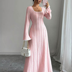 White A-line bodycon ribbed knit maxi dress with split-joint square neckline, stylish and form-fitting from My Store.