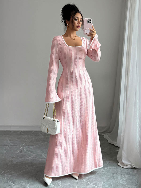 White A-line bodycon ribbed knit maxi dress with split-joint square neckline, stylish and form-fitting from My Store.