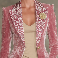 Pink contrast leopard print velvet blazer with lapel collar, stylish jacket for women from My Store.