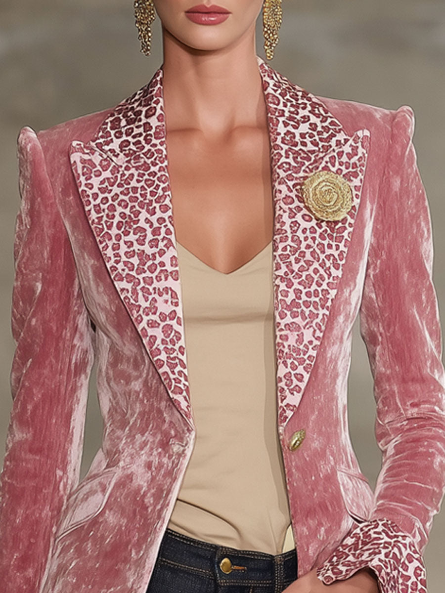 Pink contrast leopard print velvet blazer with lapel collar, stylish jacket for women from My Store.