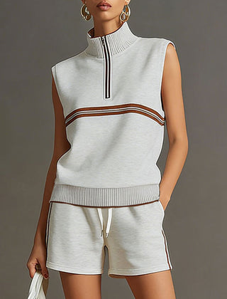 Retro sporty grey and white sleeveless sweatshirt and shorts set by My Store, featuring a half-zip design and casual athletic style.