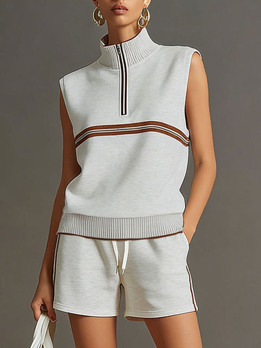 Retro sporty grey and white sleeveless sweatshirt and shorts set by My Store, featuring a half-zip design and casual athletic style.