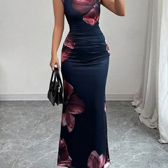 White bodycon sleeveless maxi dress with contrast color flower print and round neck from My Store.