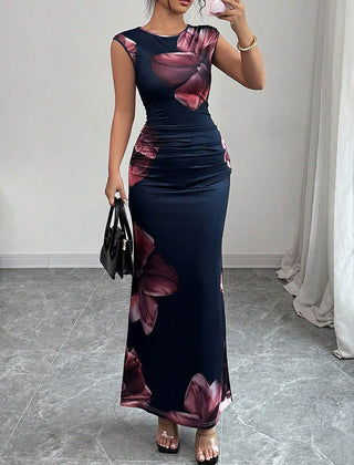 White bodycon sleeveless maxi dress with contrast color flower print and round neck from My Store.