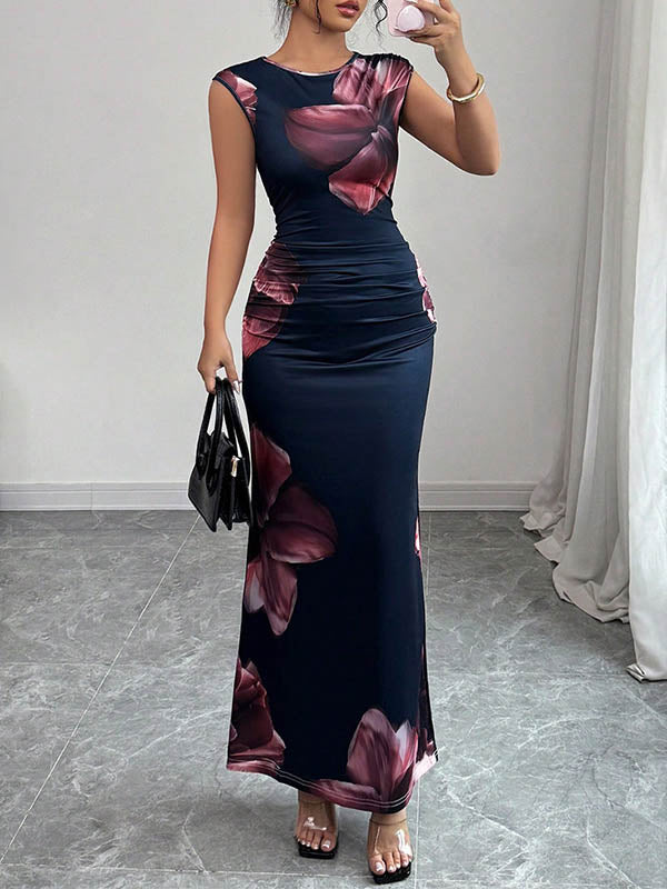 White bodycon sleeveless maxi dress with contrast color flower print and round neck from My Store.
