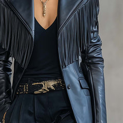 Black faux leather blazer with tassel details and notch lapel, stylish jacket from My Store's Jackets & Blazers collection.