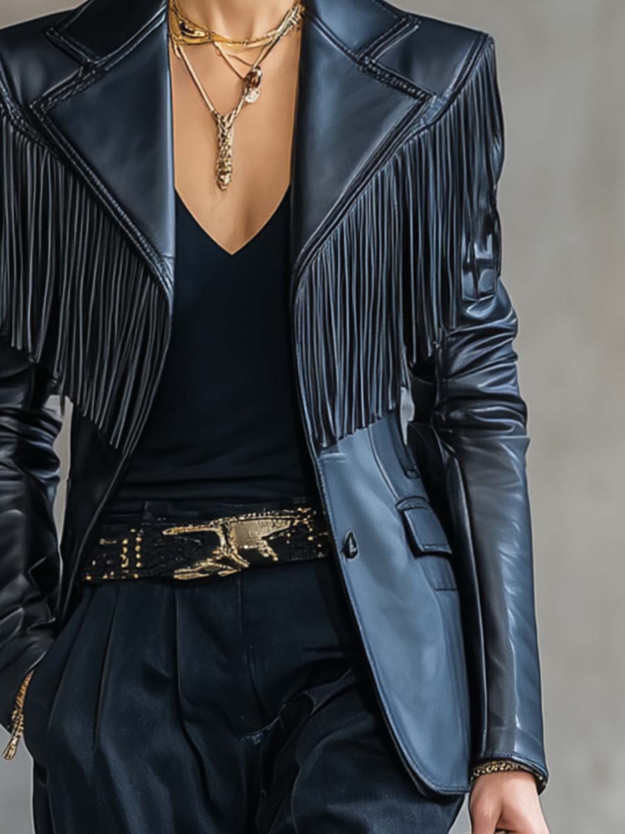 Black faux leather blazer with tassel details and notch lapel, stylish jacket from My Store's Jackets & Blazers collection.