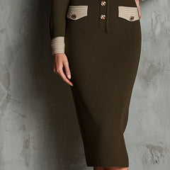 Vintage olive green knit midi dress with button-front and contrast trim, featuring a classic and stylish design.