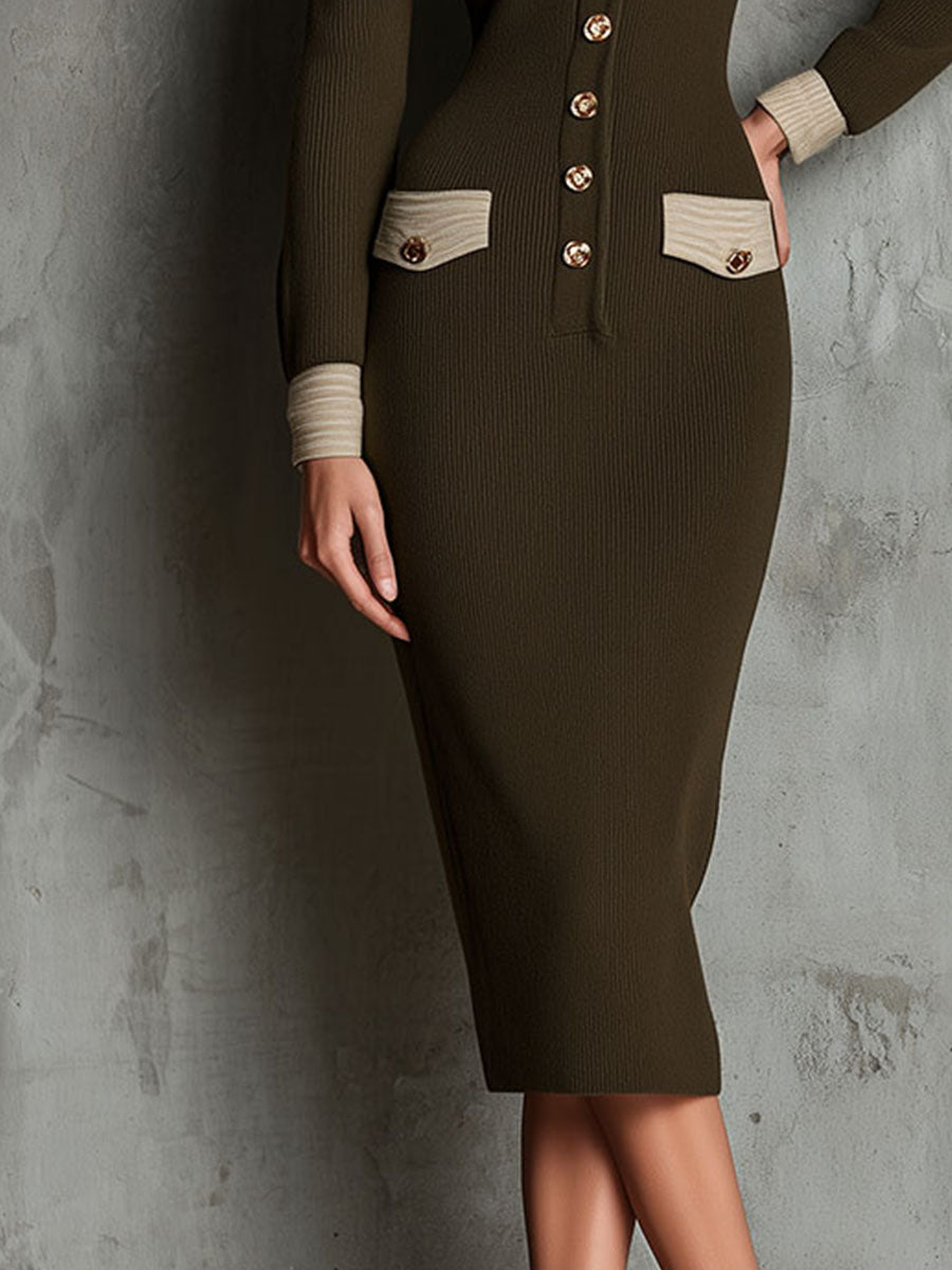 Vintage olive green knit midi dress with button-front and contrast trim, featuring a classic and stylish design.