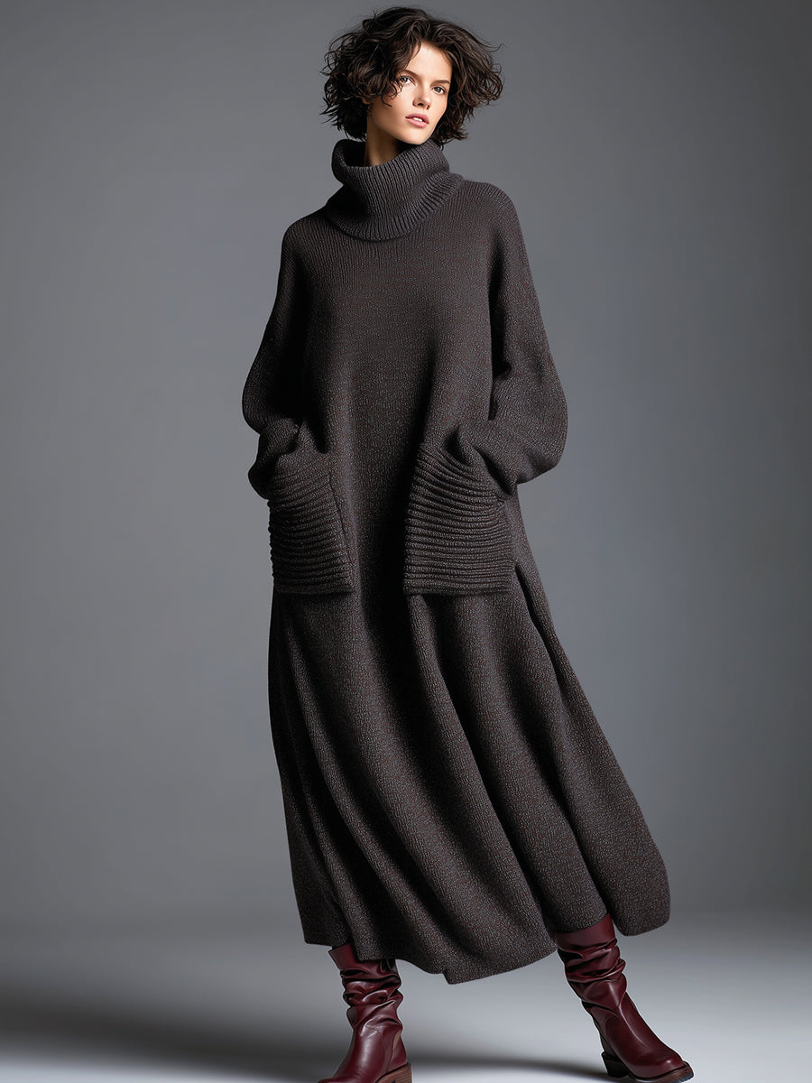 Brown knit maxi dress for women featuring a flowing silhouette, long sleeves, and a stylish, cozy design.