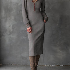 Ash taupe herringbone knit midi dress from My Store, bohemian style with long sleeves and a relaxed fit.
