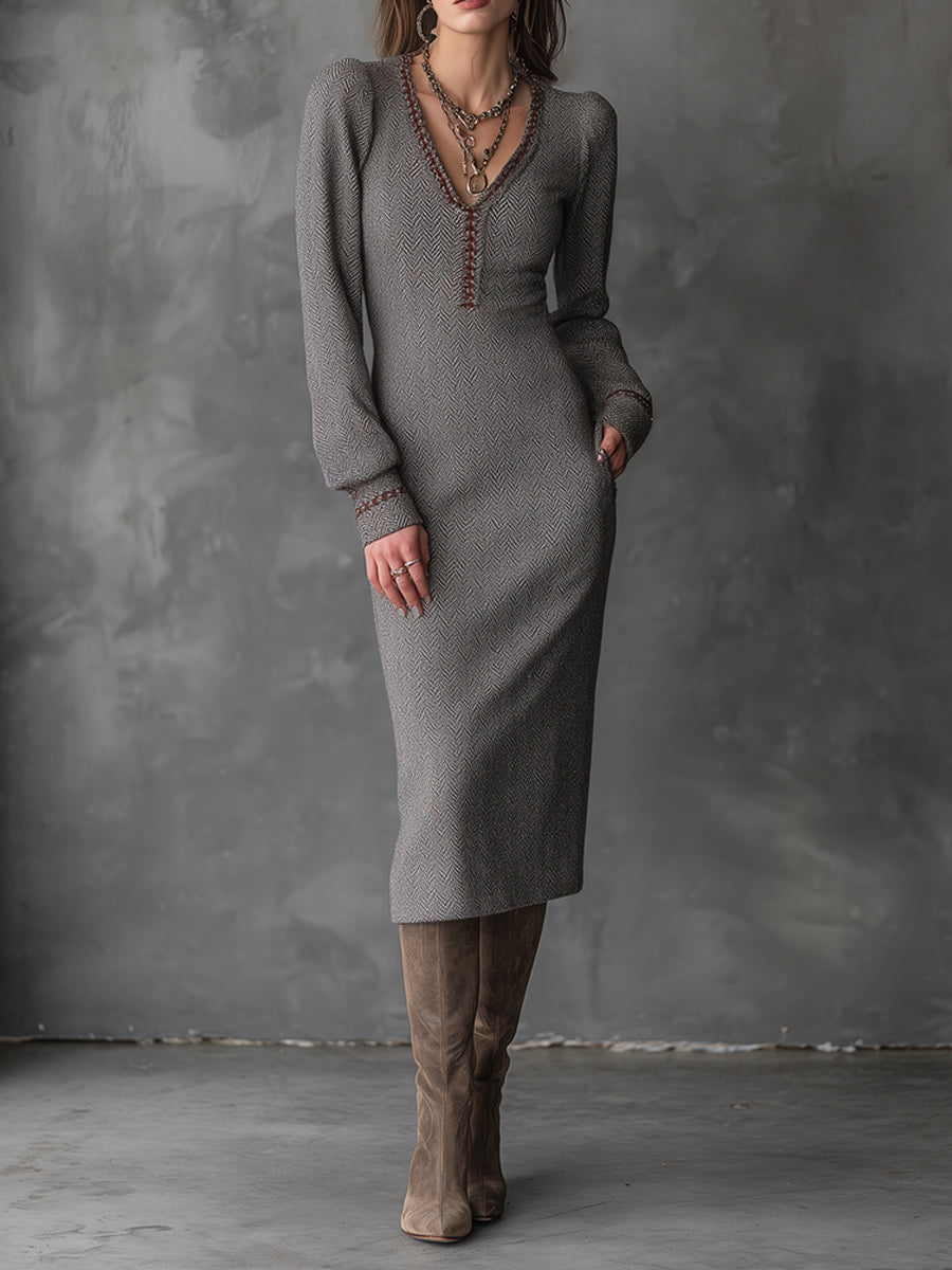 Ash taupe herringbone knit midi dress from My Store, bohemian style with long sleeves and a relaxed fit.