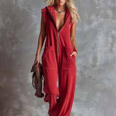 Raspberry red cotton hooded zip-front jumpsuit for women, featuring pants style with a front zipper and hood, casual and comfortable.