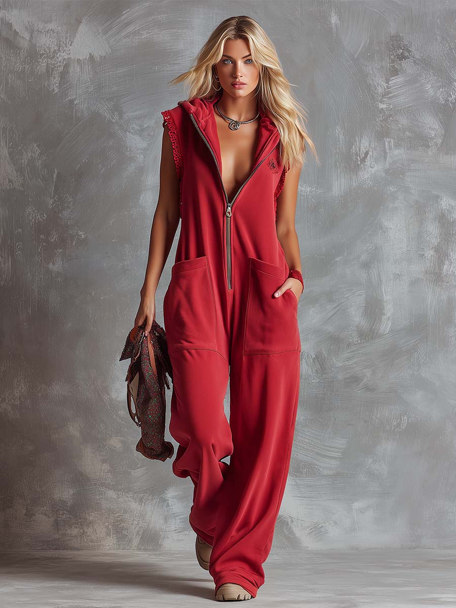 Raspberry red cotton hooded zip-front jumpsuit for women, featuring pants style with a front zipper and hood, casual and comfortable.