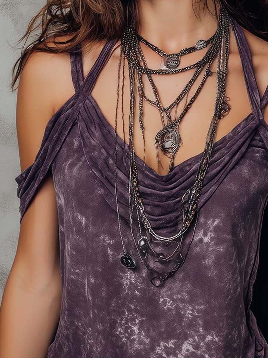 Purple boho tie-dye strappy cami top for women, short sleeve boho T-shirt with vibrant tie-dye pattern and adjustable straps.