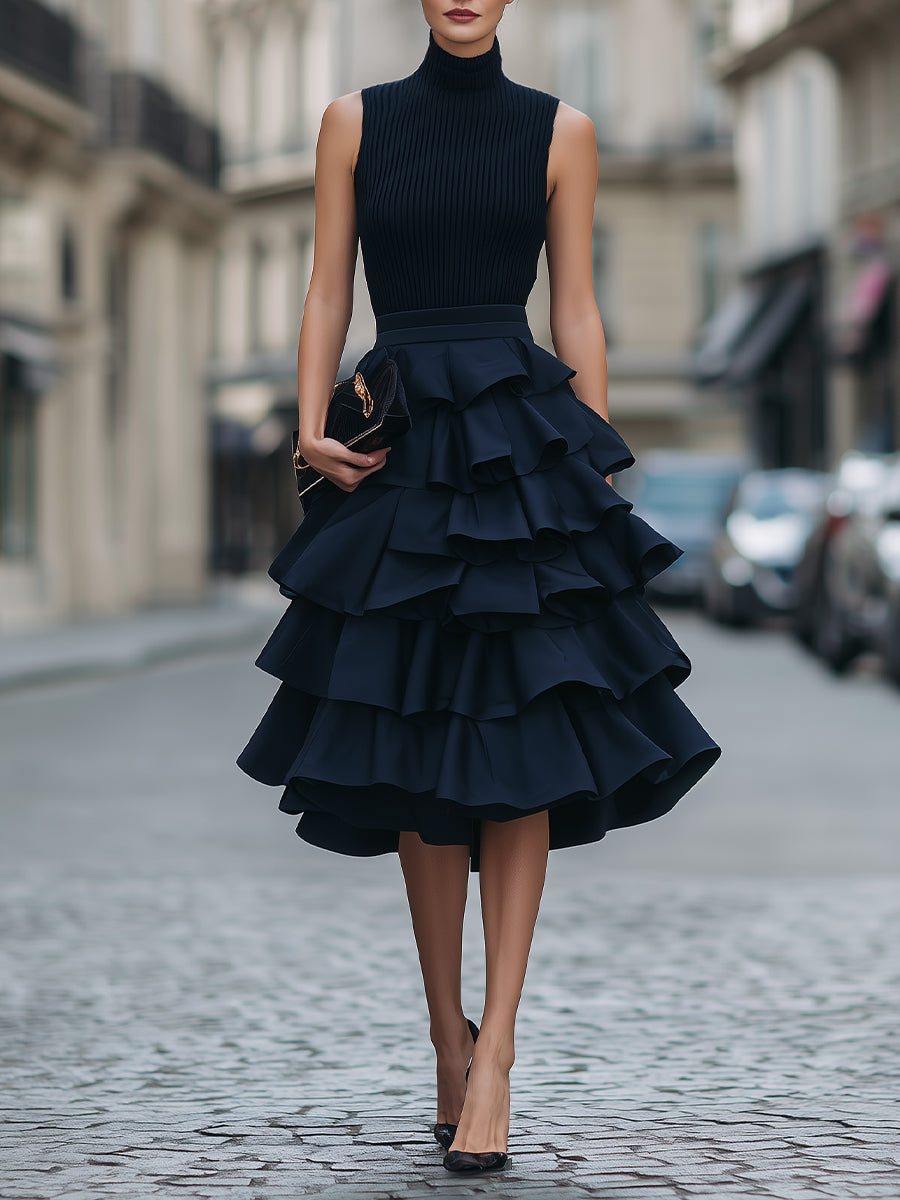 Sleeveless high neck tiered ruffle midi dress in soft fabric, featuring layered ruffles and a flowy silhouette.