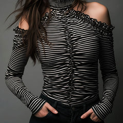 Black striped high neck cold-shoulder ruched T-shirt from My Store, showing the fitted style and high neckline detail.