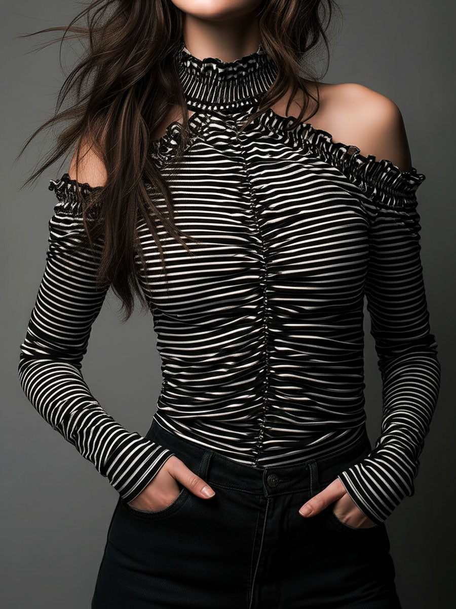 Black striped high neck cold-shoulder ruched T-shirt from My Store, showing the fitted style and high neckline detail.
