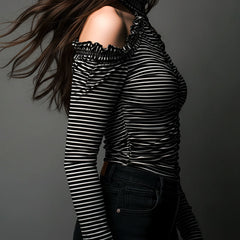 Black striped high neck cold-shoulder ruched T-shirt with long sleeves, stylish and fitted for a trendy look.
