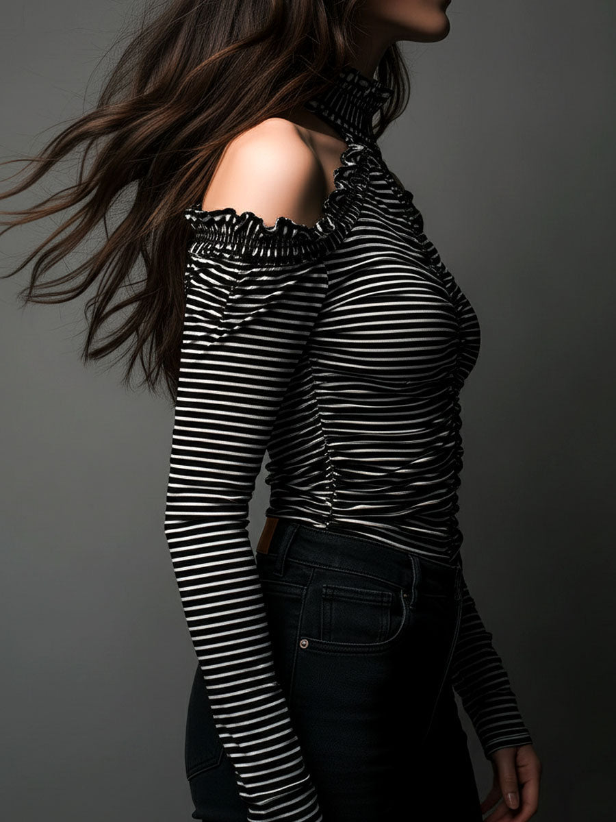 Black striped high neck cold-shoulder ruched T-shirt with long sleeves, stylish and fitted for a trendy look.
