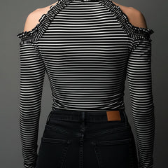 Black striped high neck cold-shoulder ruched T-shirt with long sleeves, featuring a fitted design and ruched detailing.