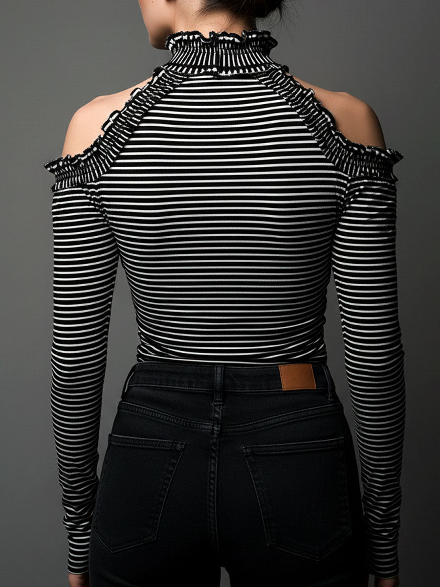 Black striped high neck cold-shoulder ruched T-shirt with long sleeves, featuring a fitted design and ruched detailing.