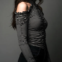 Black striped high neck cold-shoulder ruched T-shirt with long sleeves, stylish and fitted, from My Store.