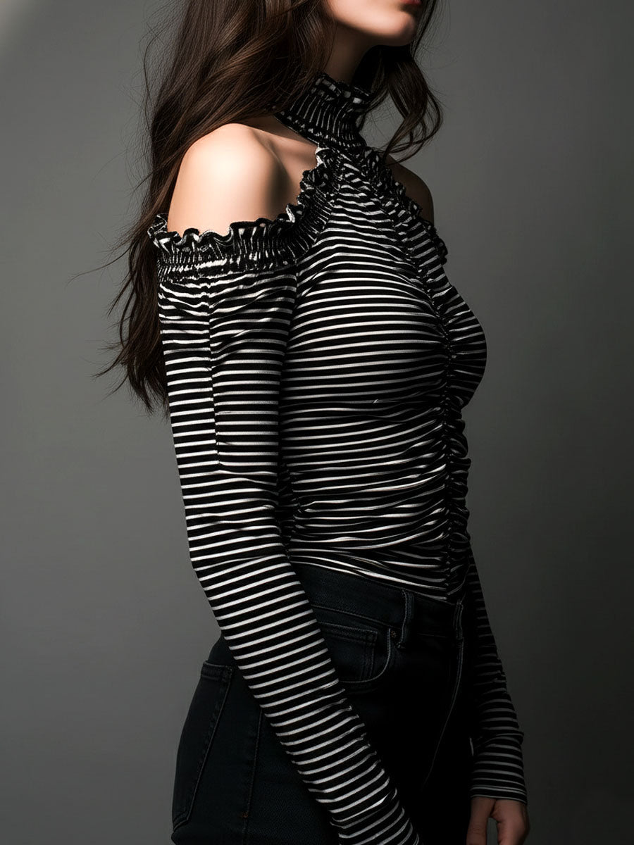 Black striped high neck cold-shoulder ruched T-shirt with long sleeves, stylish and fitted, from My Store.