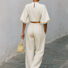 Cream textured lantern sleeve two-piece set for women, featuring stylish pants and top with lantern sleeves from My Store.