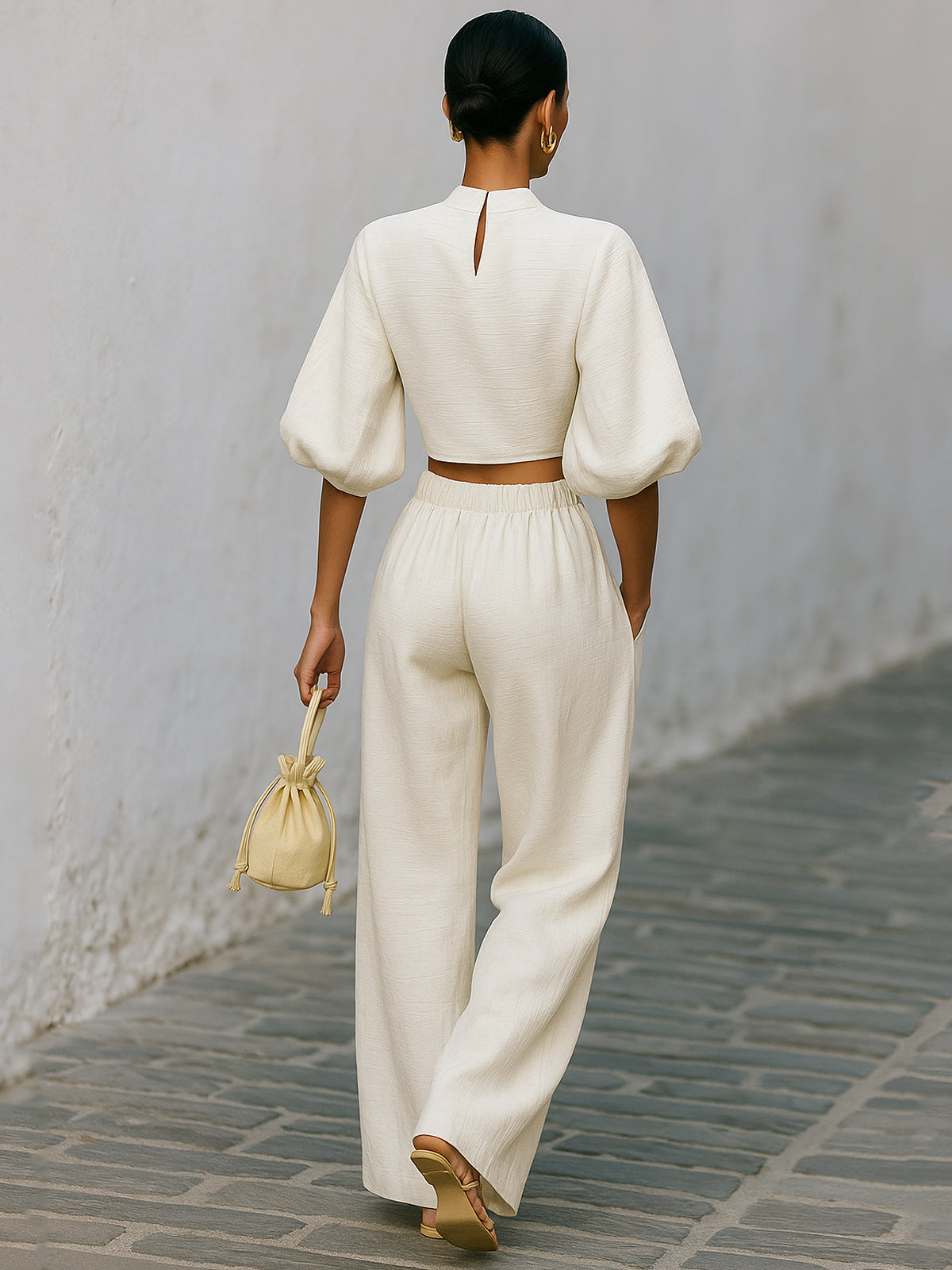 Cream textured lantern sleeve two-piece set for women, featuring stylish pants and top with lantern sleeves from My Store.