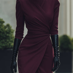 Deep Burgundy Draped Wrap Midi Dress by My Store, elegant summer business dress with flowing fabric and sophisticated silhouette.