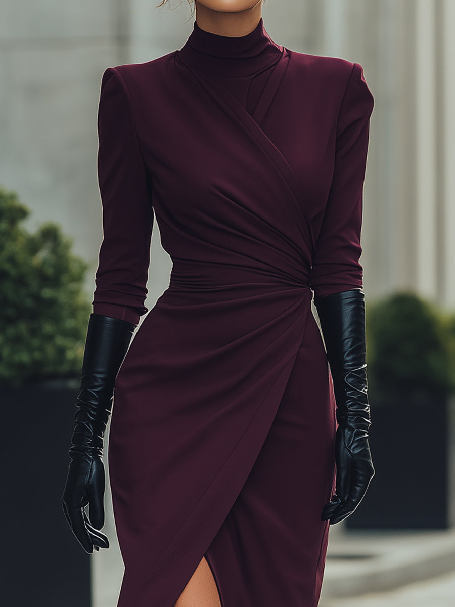 Deep Burgundy Draped Wrap Midi Dress by My Store, elegant summer business dress with flowing fabric and sophisticated silhouette.