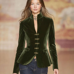 Dark green velvet blazer for women with gold button details, stylish jacket from My Store, suitable for formal and casual wear.