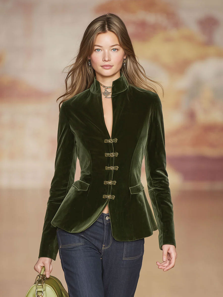Dark green velvet blazer for women with gold button details, stylish jacket from My Store, suitable for formal and casual wear.
