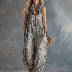 Women’s apricot leopard print chiffon jumpsuit with hood, stylish women’s pants by My Store, featuring a flowy, lightweight fabric.